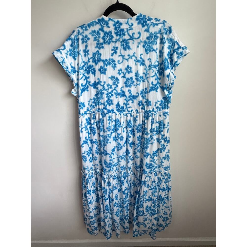 Ro's Garden Floral Print Cap Sleeve Tassel Tie Tiered Midi Dress White Blue Med - Picture 8 of 10